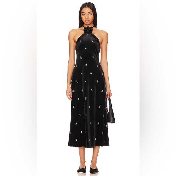 NWT WeWoreWhat High Neck Flower Dress Embroidered Velvet Black Multi | XS - Picture 1 of 9